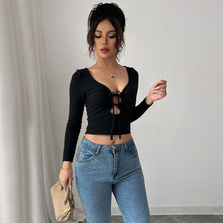 Kvinders Crop Top med Dekorativ Knude og Lange Ærmer Stilla