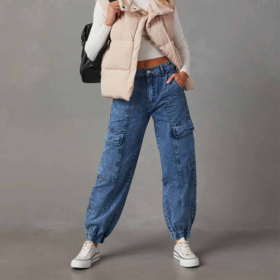 Dame Cargo-Jeans med elastisk talje og praktiske lommer Stilla