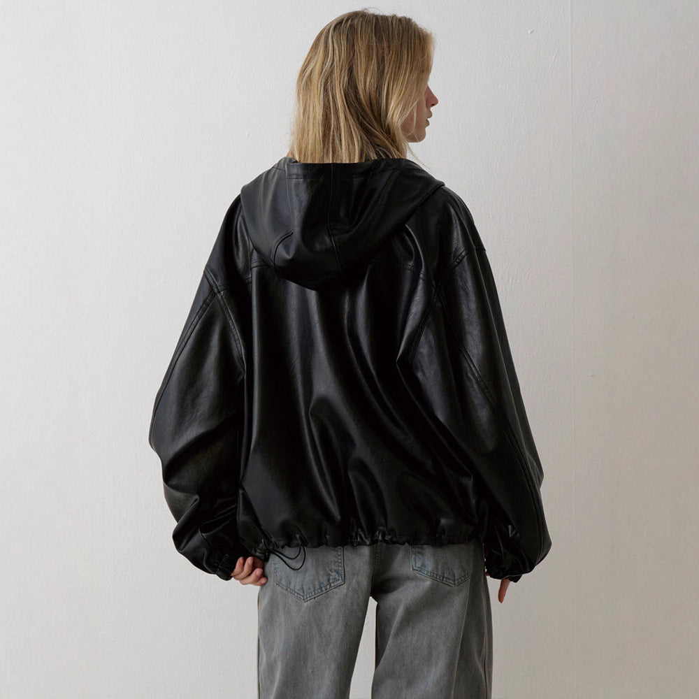 Kvinder Casual Faux Læder Jakke med Hætte Stilla