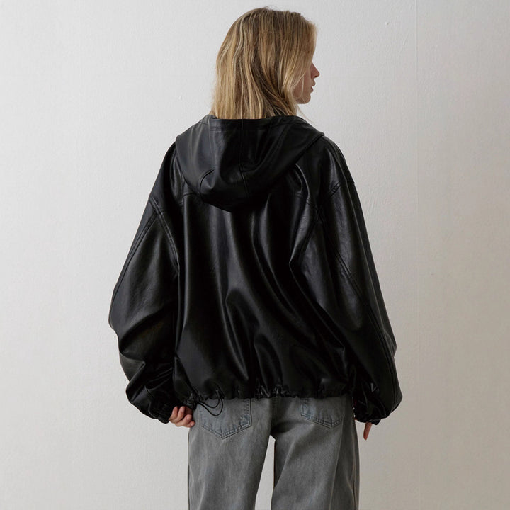 Kvinder Casual Faux Læder Jakke med Hætte Stilla
