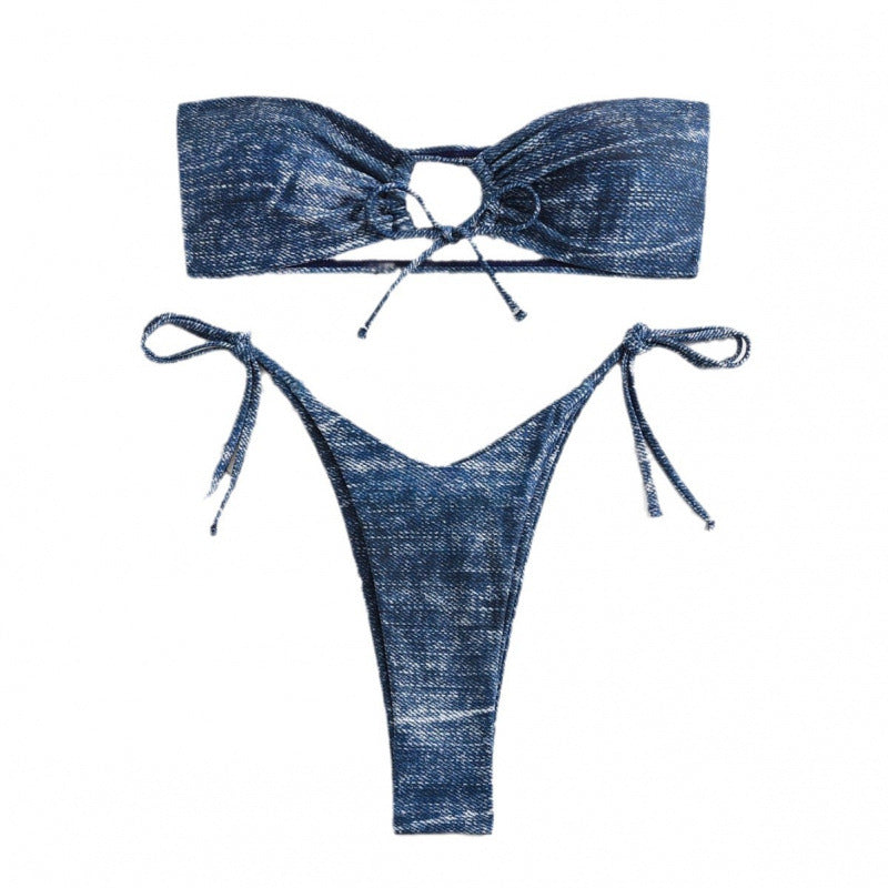 Dame Bandeau-bikini sæt med trendy denim-look og justerbare ekstra Stilla