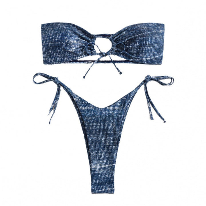 Dame Bandeau-bikini sæt med trendy denim-look og justerbare ekstra Stilla
