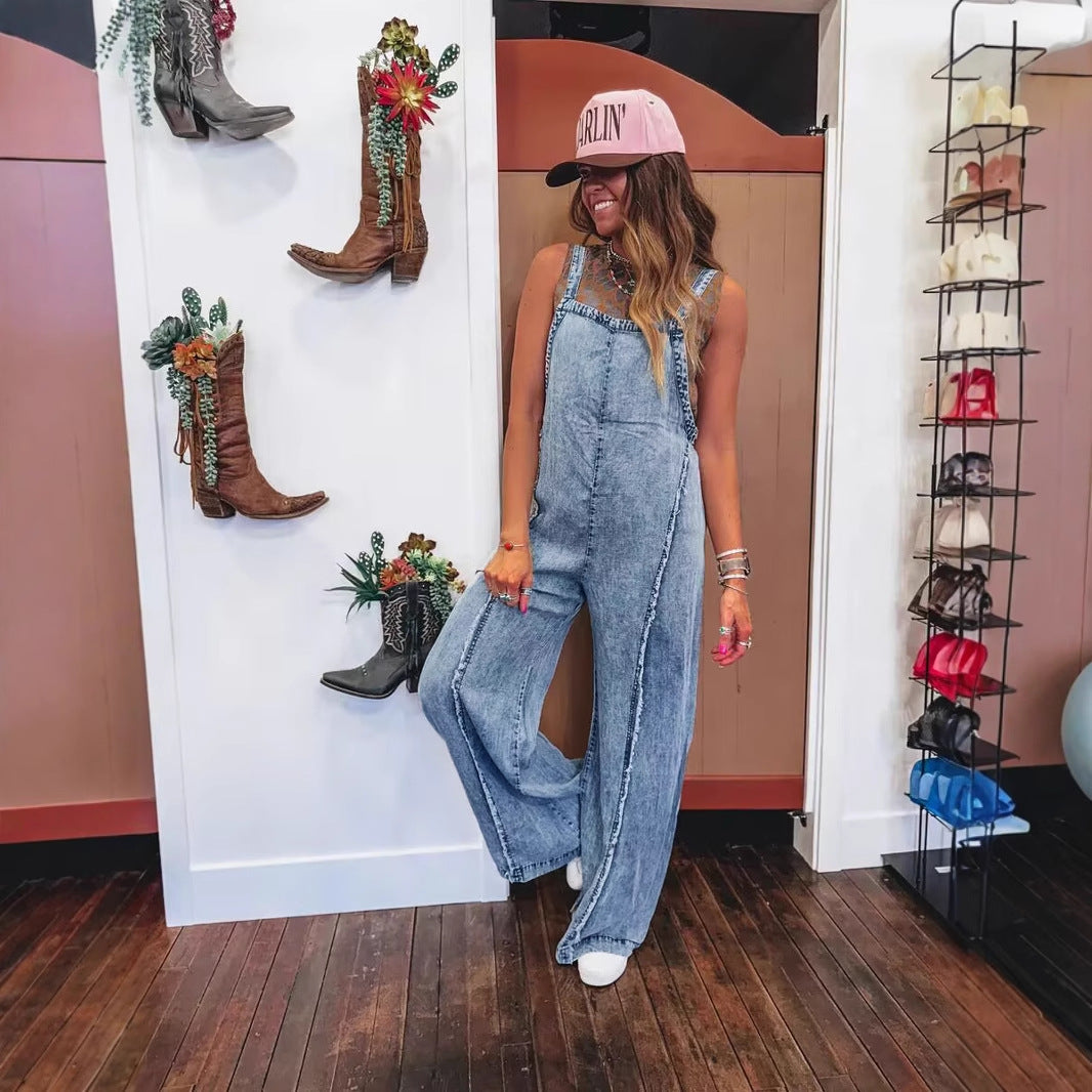 Dame denim overalls med brede ben og praktiske lommer Stilla