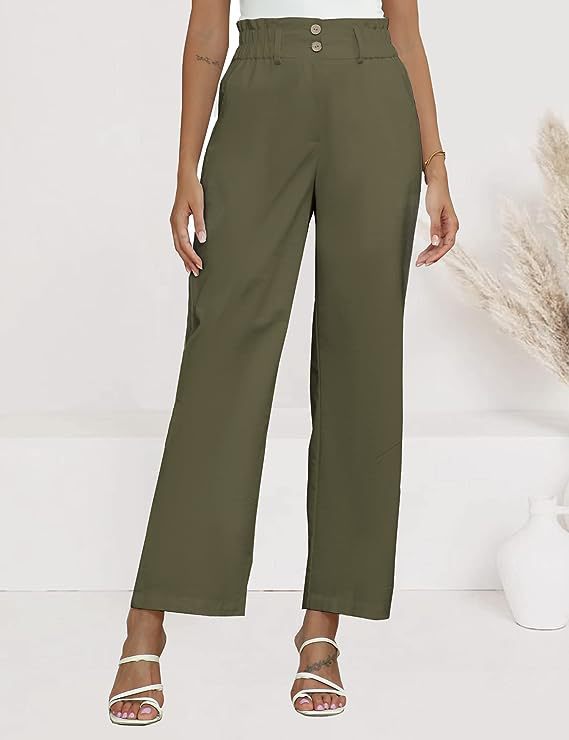 Dame bred stofbukser med elastisk talje og fashionable knapdetaljer Skovae