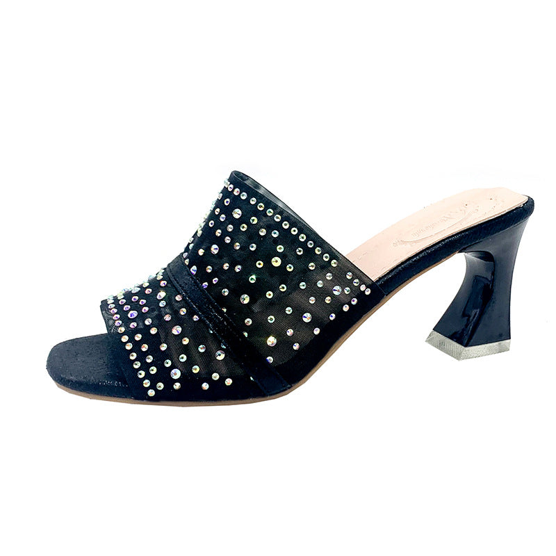 Dame Glamourøse Pantolette med glitrende strassdetaljer og elegant blokhæl Stilla