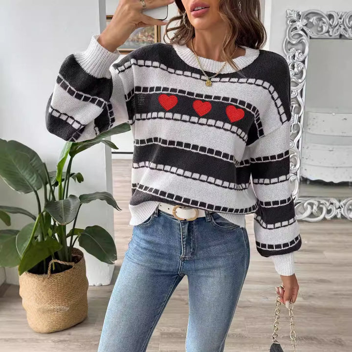 Dame afslappet pullover med hjerte mønster og brede ærmer Stilla