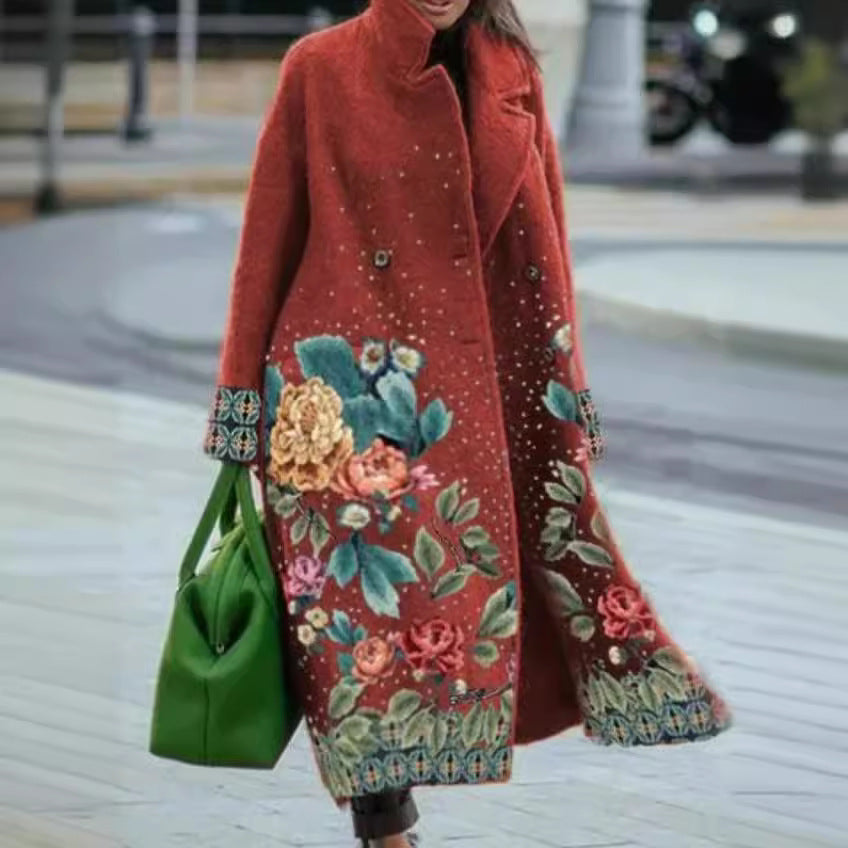 Dame Oversized Uldfrakke med blomsterdesign Stilla