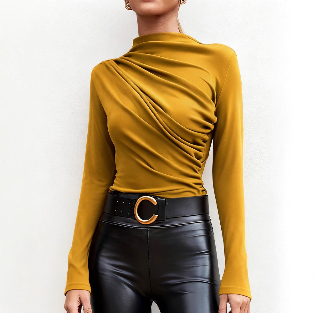 Dames elegant langærmet skjorte med luksuriøs drapering design og stilfuld ståkrave Skovae