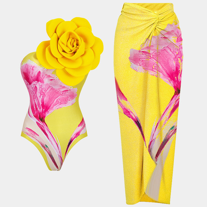 Dame Onepiece Badedragt med blomsterdesign og elegant omslagsskirt Skovae