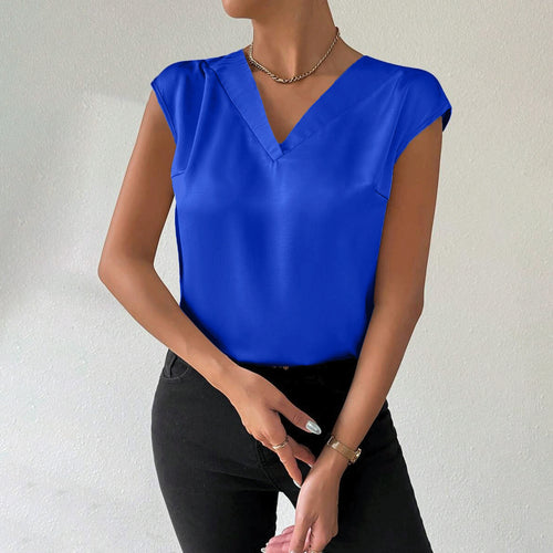 Dame satinbluse med moderne V-halsudskæring og elegante korte ærmer Skovae