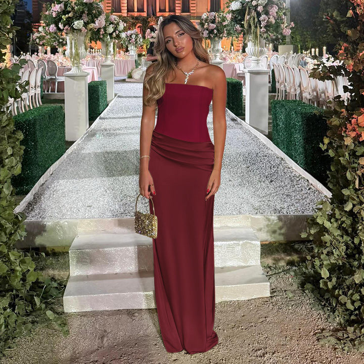Dame Elegant Cocktail-Maxi-Kjole med skulderfri design og blød drapering Skovae