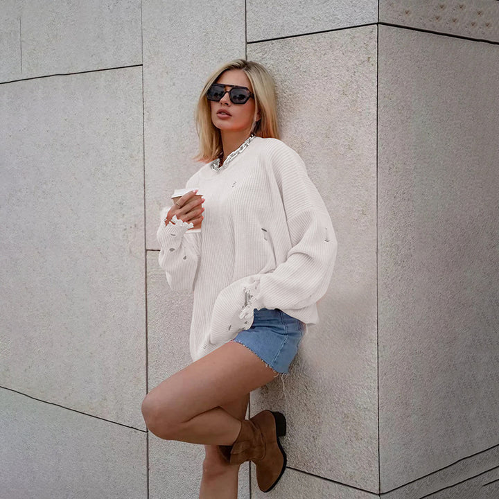 Dame Oversized Strikpullover med afslappet snit og slidte detaljer Stilla