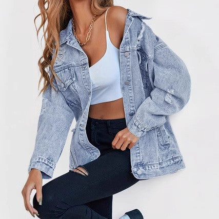 Dame afslappet oversized denimjakke med frynse detaljer og moderne elementer Stilla