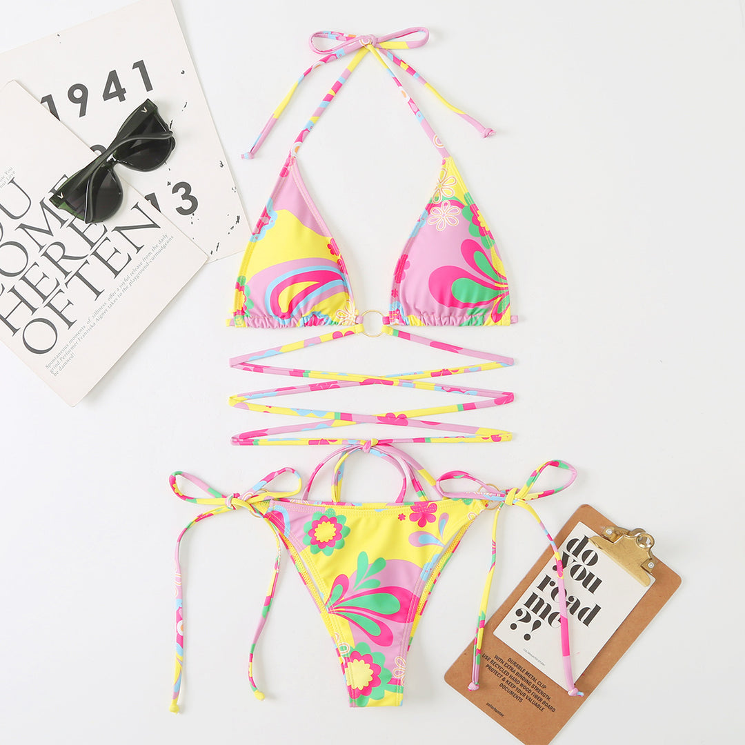 Dame triangel bikini sæt med justerbare stropper og blomsterdesign Skovae