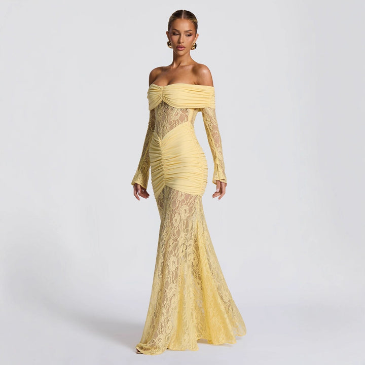 Dame elegant spidse kjole med off-shoulder udskæring og rynker Skovae