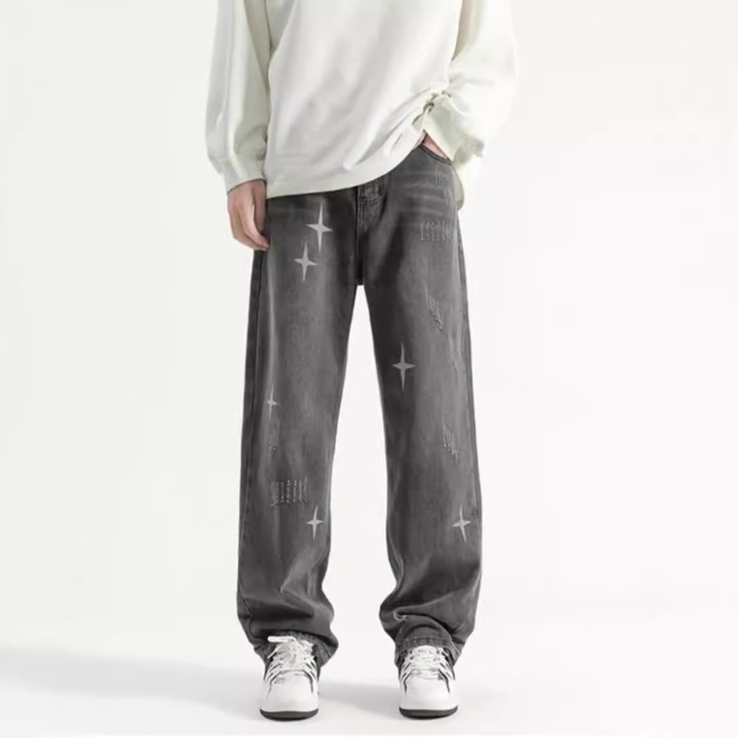 Herren brede jeans med moden distressed-effekt og kreative applikationer Stilla