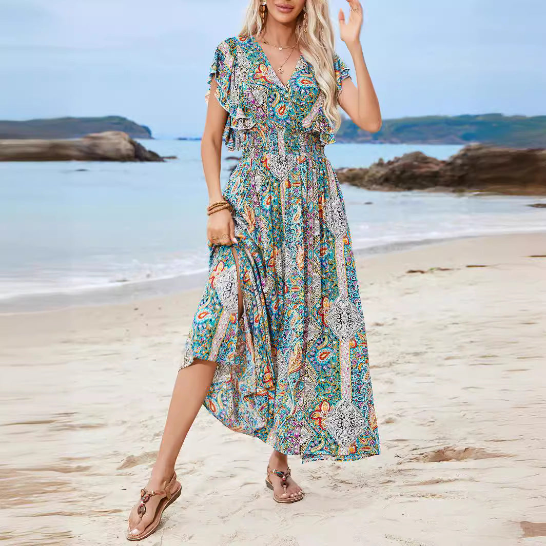 Dame maxikjole i boho-stil med blomsteracCenter og flæser Stilla