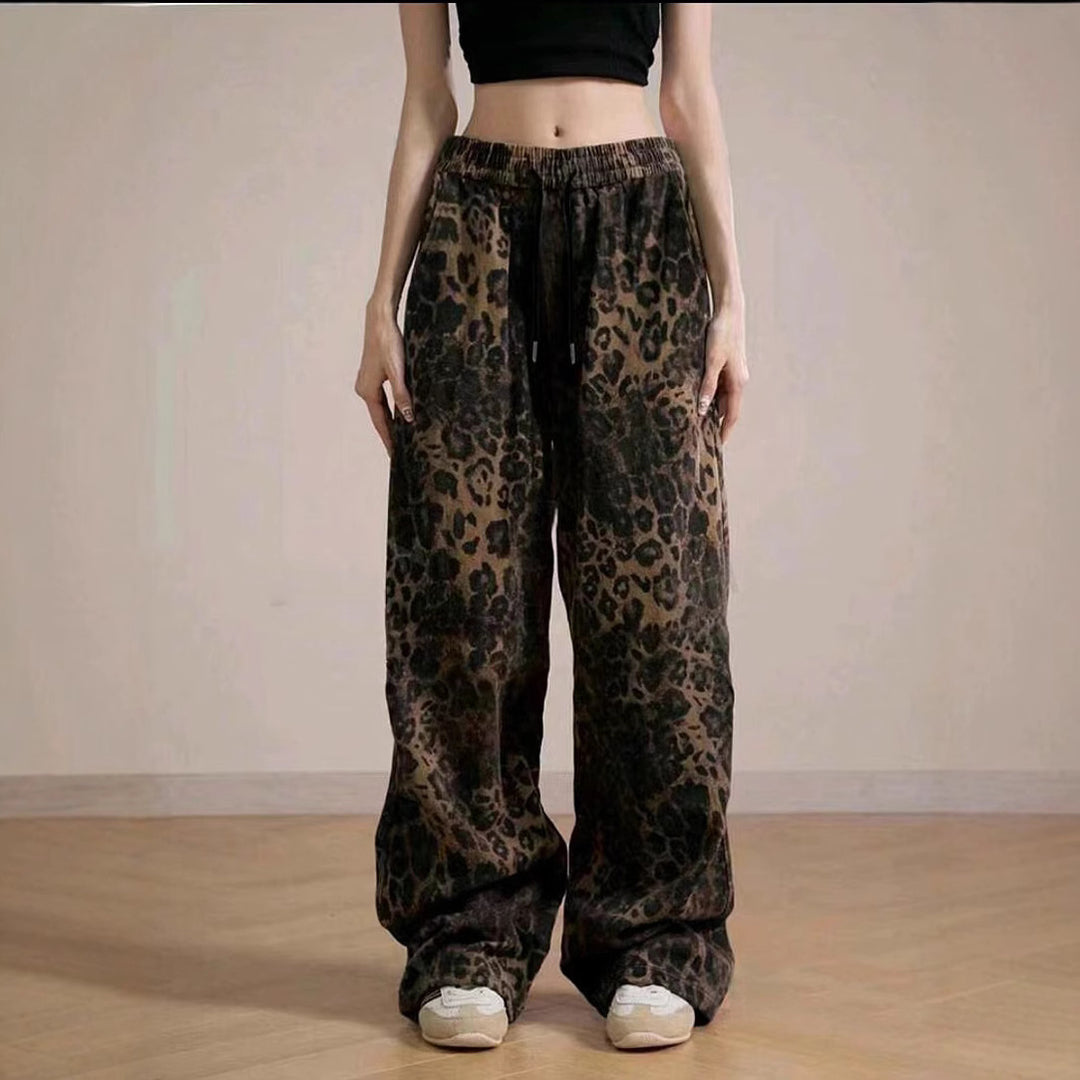 Dame fritidsbukser med leopardmønster og elastisk talje Stilla