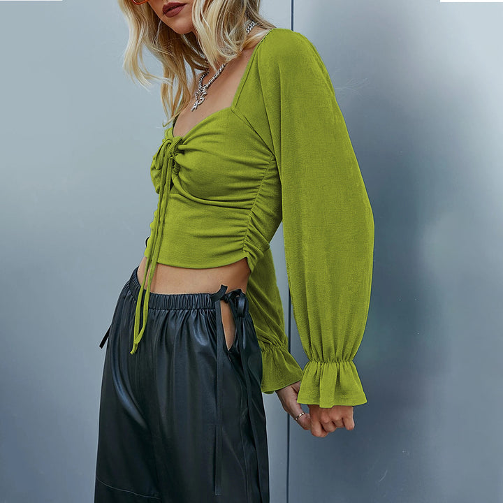 Kvinder cropped langærmet skjorte med intrikate flæse designs og knytbart detalje Stilla