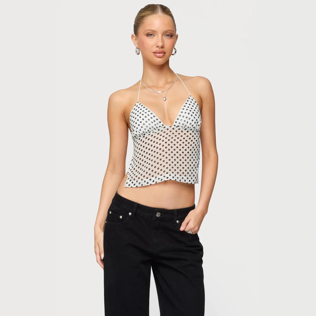Dame polka dot top med sarte stropper og figursyet snit Skovae