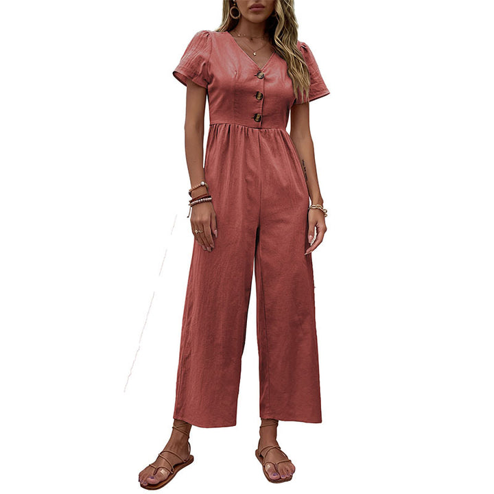 Dame Elegant Knap-Foroven Bredbenet Jumpsuit Stilla