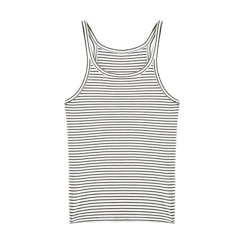 Dame Rund hals tanktop i elastisk stribet stof med figursyet snit Stilla