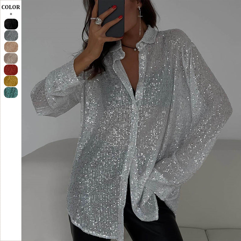 Dame Glitrende Overshirt-bluse med vide ærmer Stilla