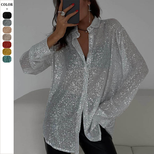 Dame Glitrende Overshirt-bluse med vide ærmer Stilla