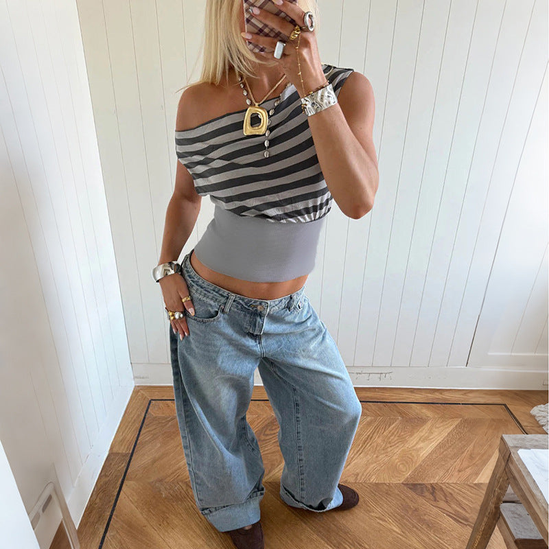 Dame Asymmetrisk Top med stribet design Skovae