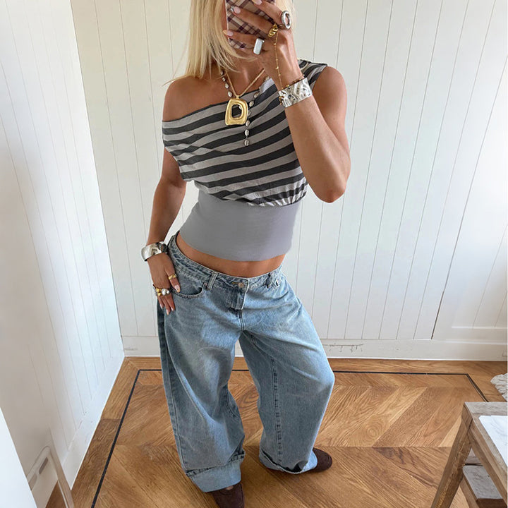 Dame Asymmetrisk Top med stribet design Skovae