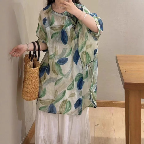 Dame Floral Broderet Linned Tunika Stilla