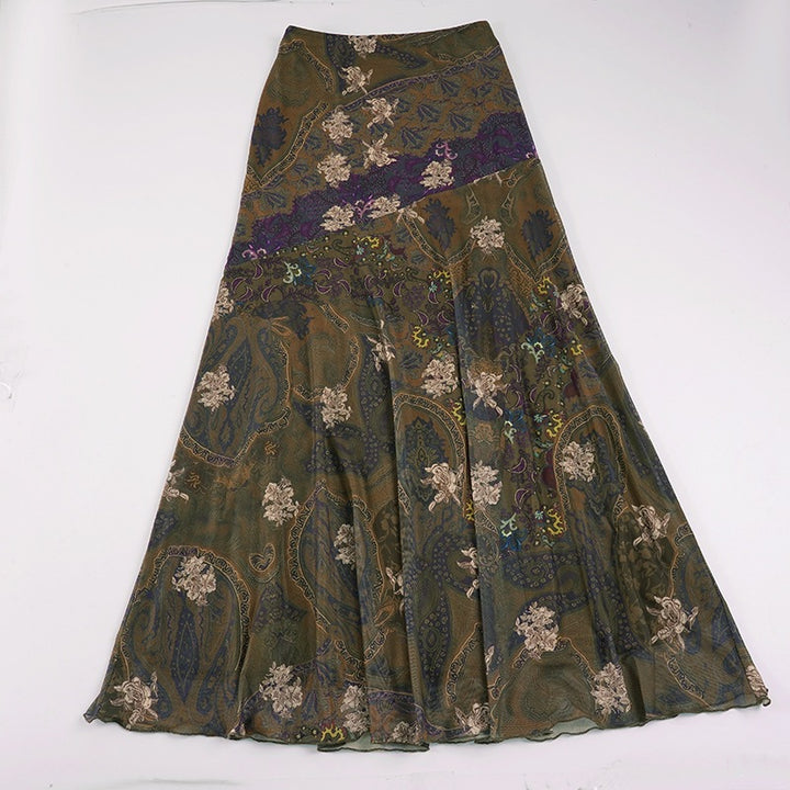 Dame Lang, elegant nederdel i vintage-stil med blomsterdesign og flydende snit Skovae