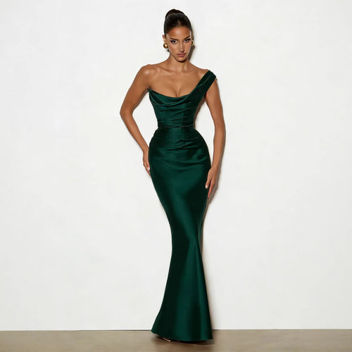 Damer Elegant Satin Lang Aftenkjole med asymmetrisk snit og figurvenligt design Skovae