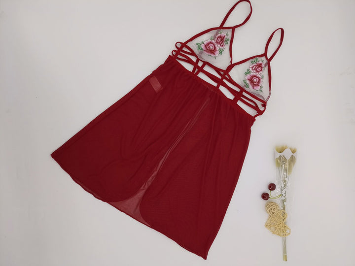 Dame Floral Broderet Mesh Babydoll Lingeri Sæt Stilla