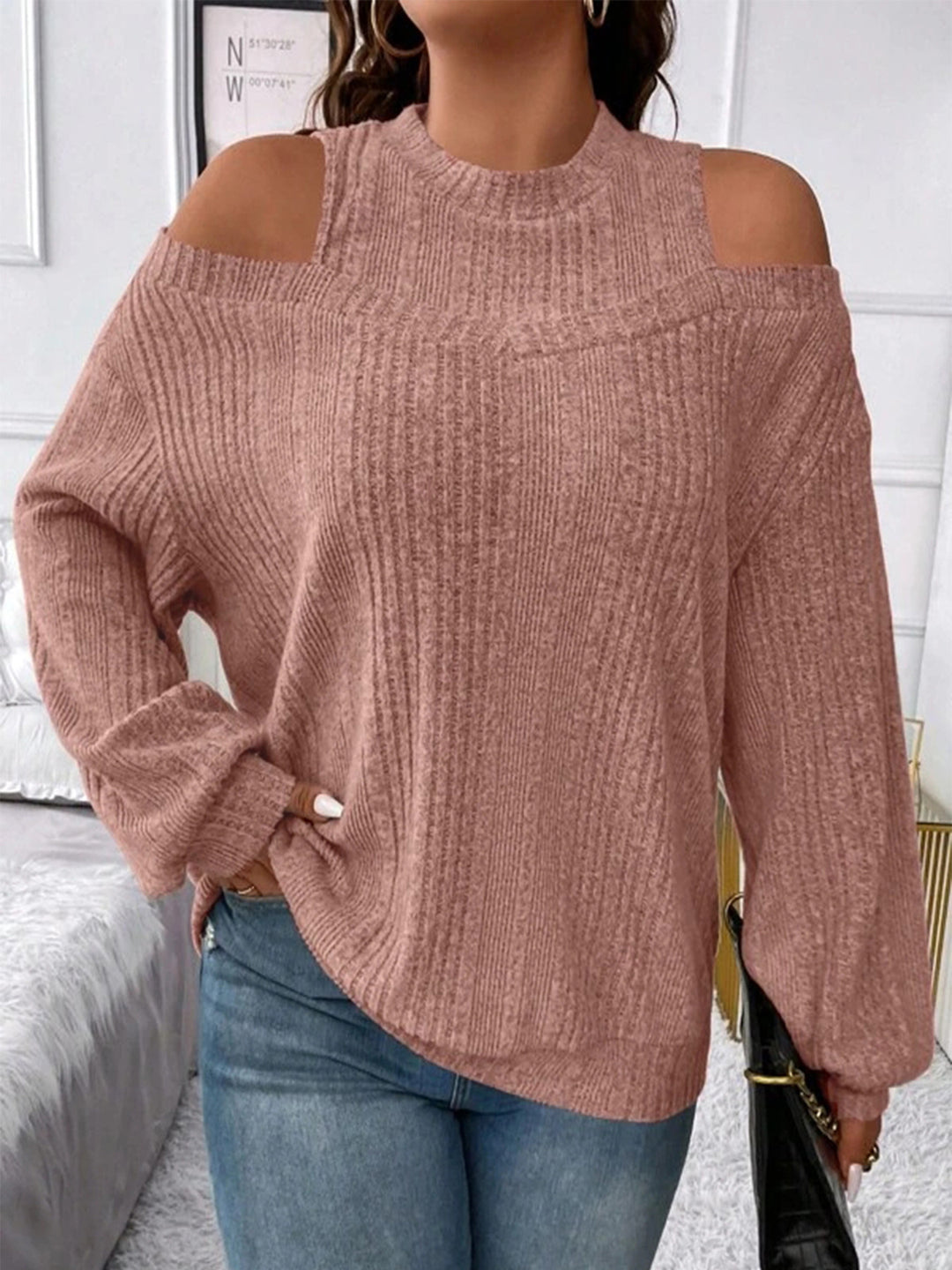 Dame Oversized Strikbluse med skulderudskæringer og ribstruktur Stilla