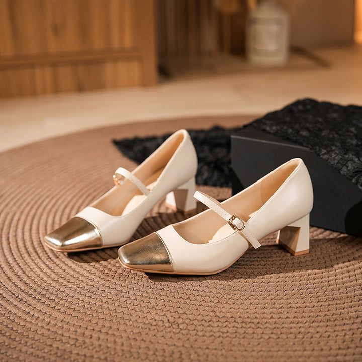 Femme Elegante Mary Jane Blokhælte Pumps med Metalhætte Stilla