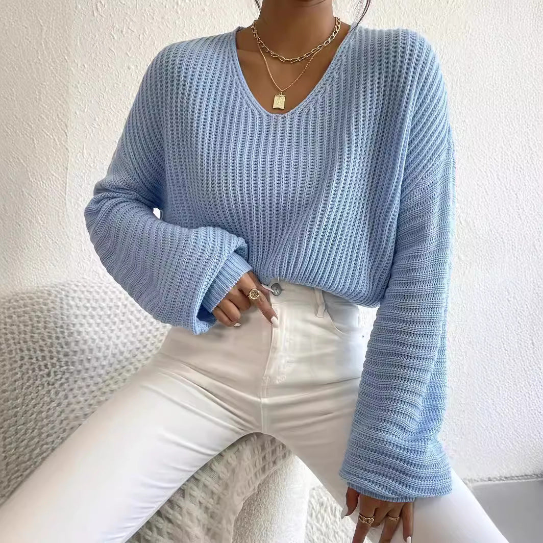 Dame afslappet sweater med bred V-hals og lange ærmer Stilla