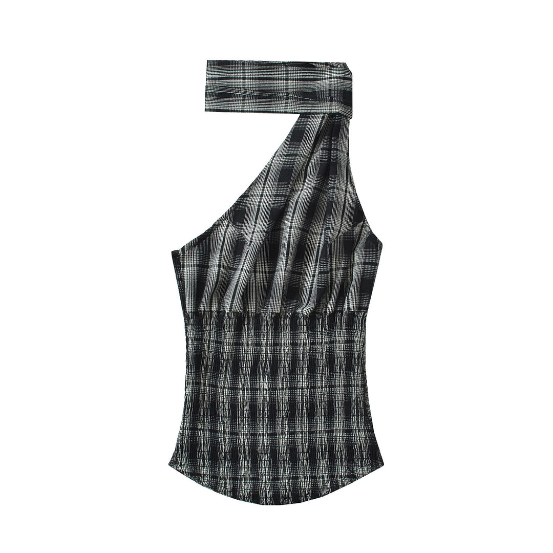 Dame asymmetrisk top med et stilfuldt skulderdesign og elegant grafisk linjetryk Stilla