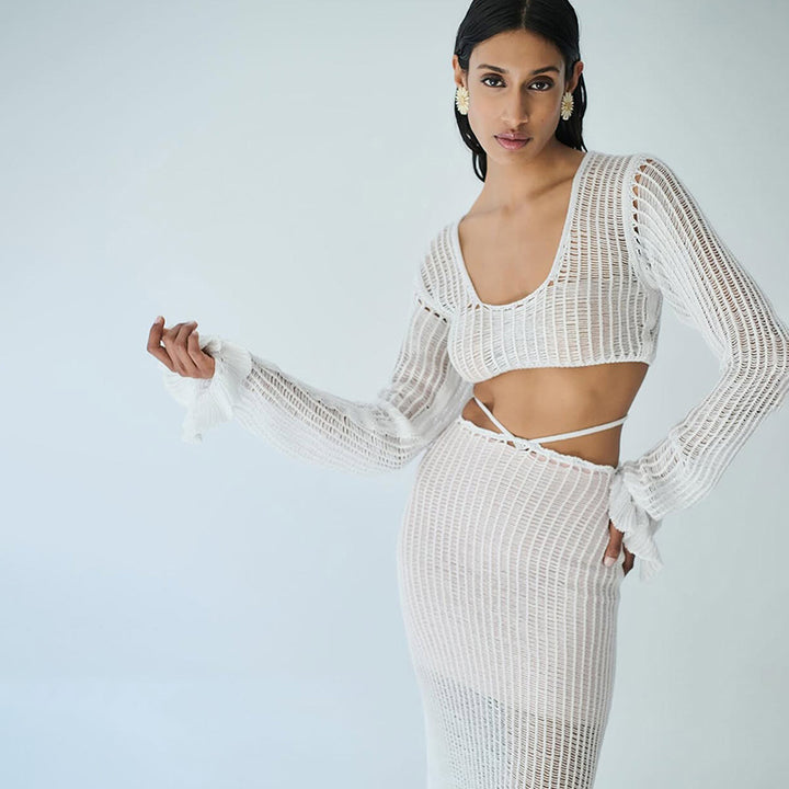 Damer Hæklet-Bikini-Sæt med langærmet Crop-Top og asymmetrisk Nederdel Stilla