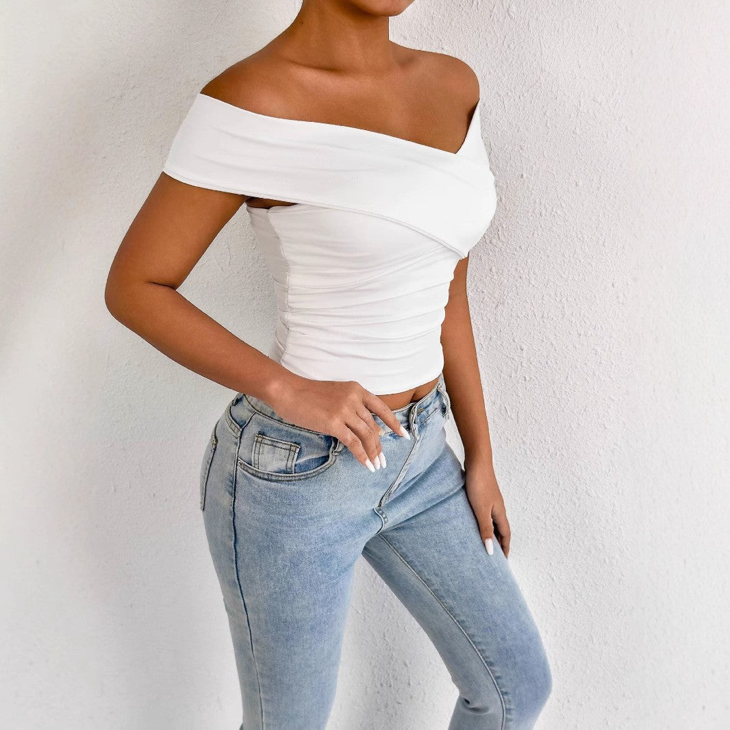 Dame skulderfri top med elegant drapering Skovae