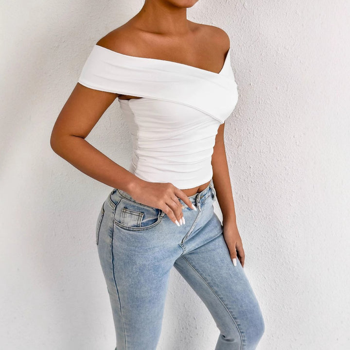 Dame skulderfri top med elegant drapering Skovae