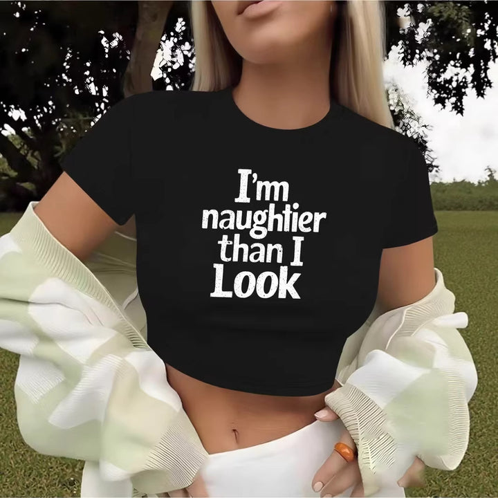 Dame Crop-T-Shirt med kreativt slogan og tætsiddende snit Skovae