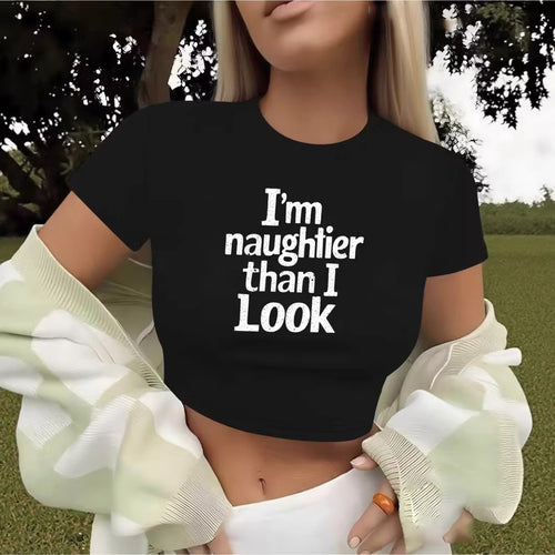 Dame Crop-T-Shirt med kreativt slogan og tætsiddende snit Skovae