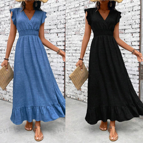 Dame Maxikjole med voluminøs skørt og legende flæsedetaljer Stilla