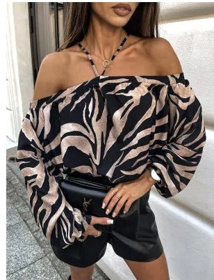 Dame luftig bluse med raffineret leopardmønster og voluminøse ærmer Stilla