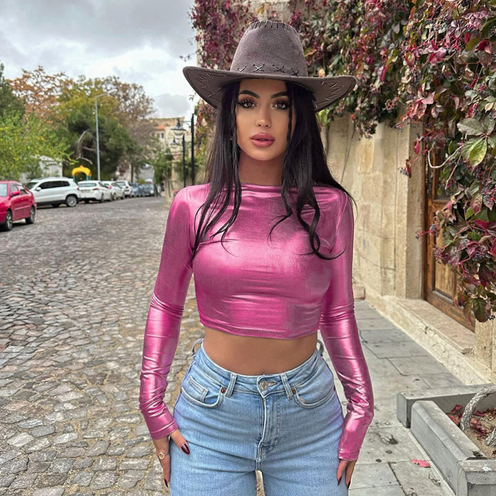 Dame Crop-top med glinsende overflade og lang arm Stilla