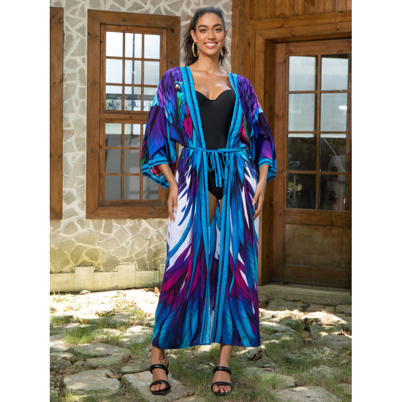 Dame Schal-Kimono med livlige fjerdesigns Stilla