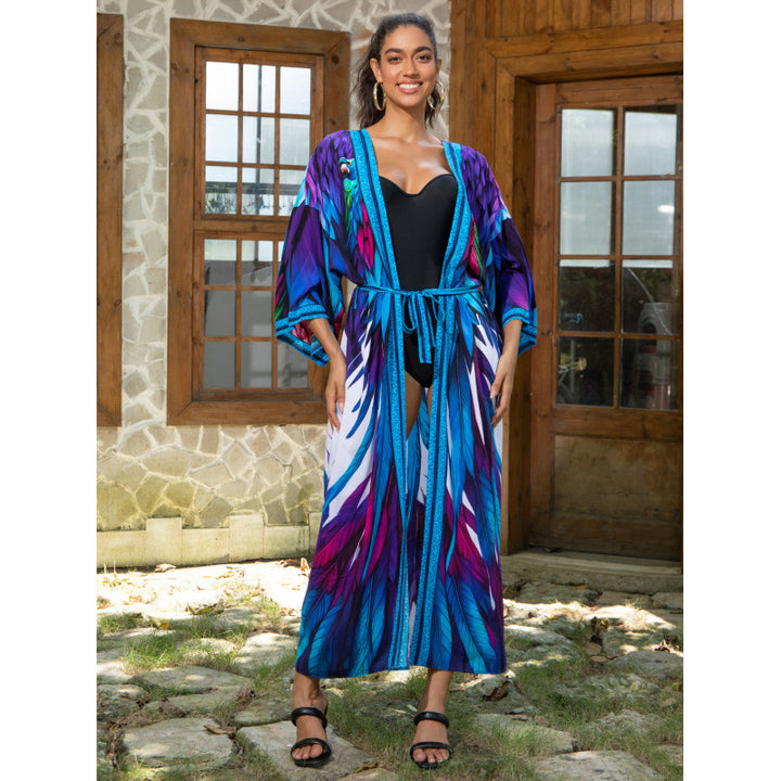 Dame Schal-Kimono med livlige fjerdesigns Stilla