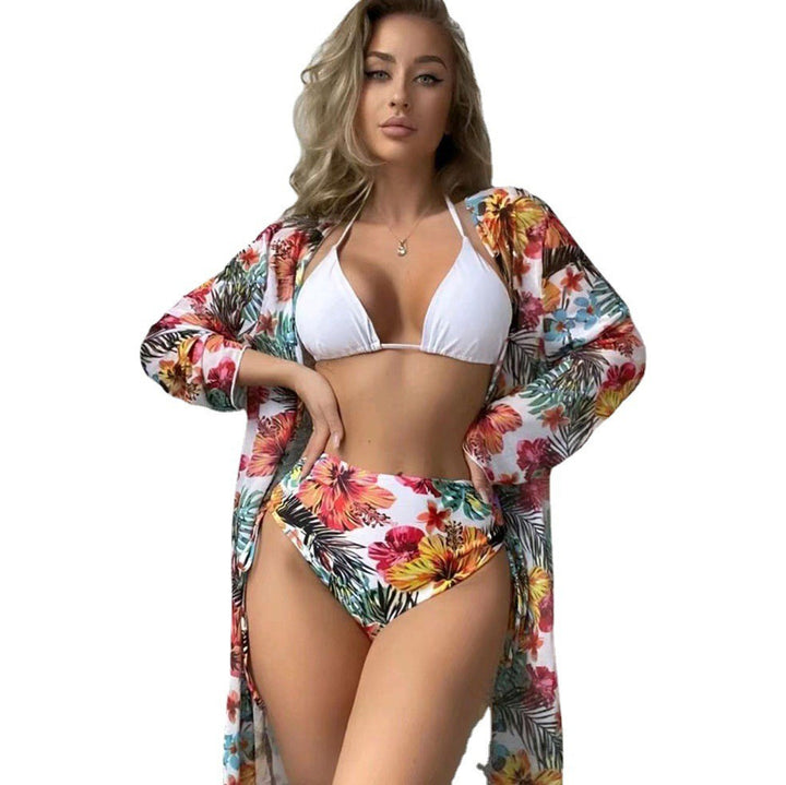 Dame triangel-bikini-sæt med blomster kaftan og høj udskæring Stilla