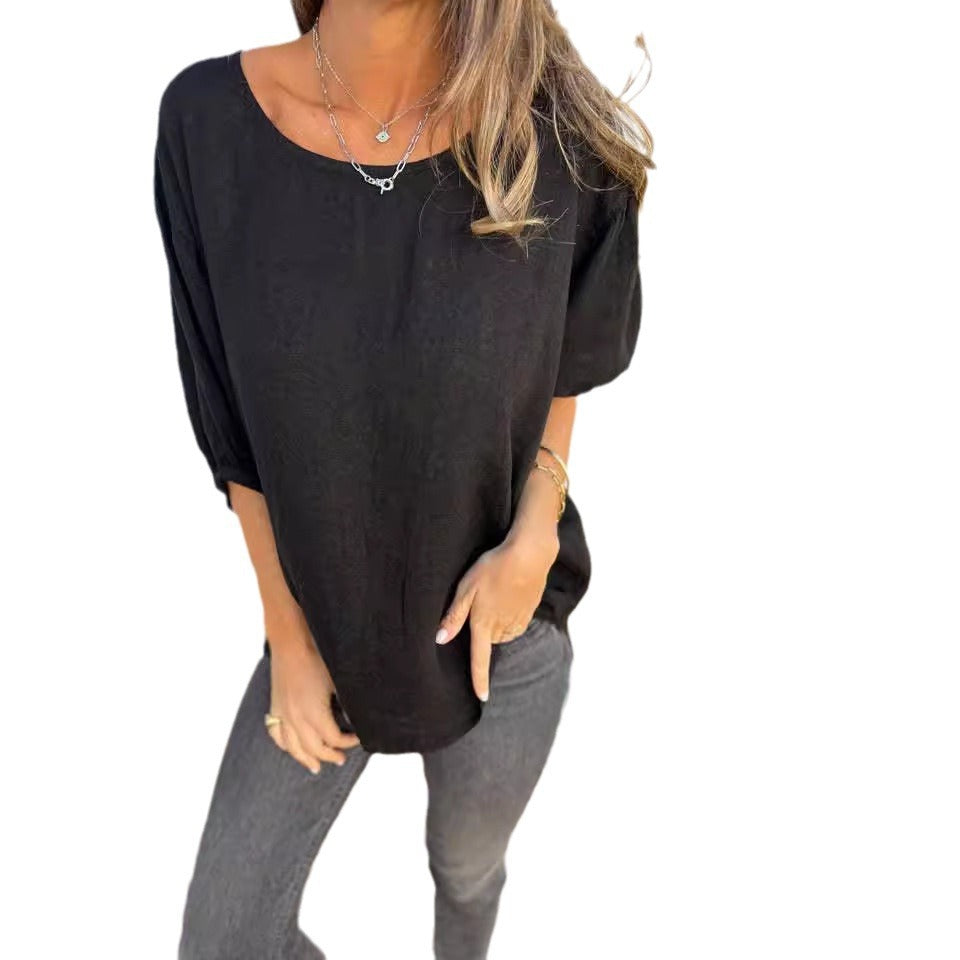 Dame Casual Linned blouse med brede ærmer og rund halsudskæring Stilla